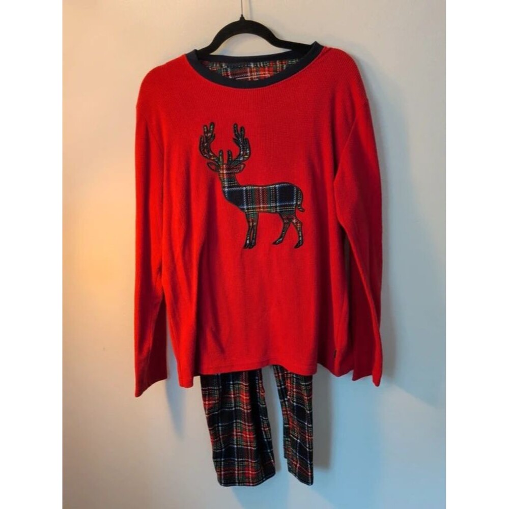Men's Eddie Bauer Holiday Plaid Reindeer Pajama Set Waffle Knit Thermal M